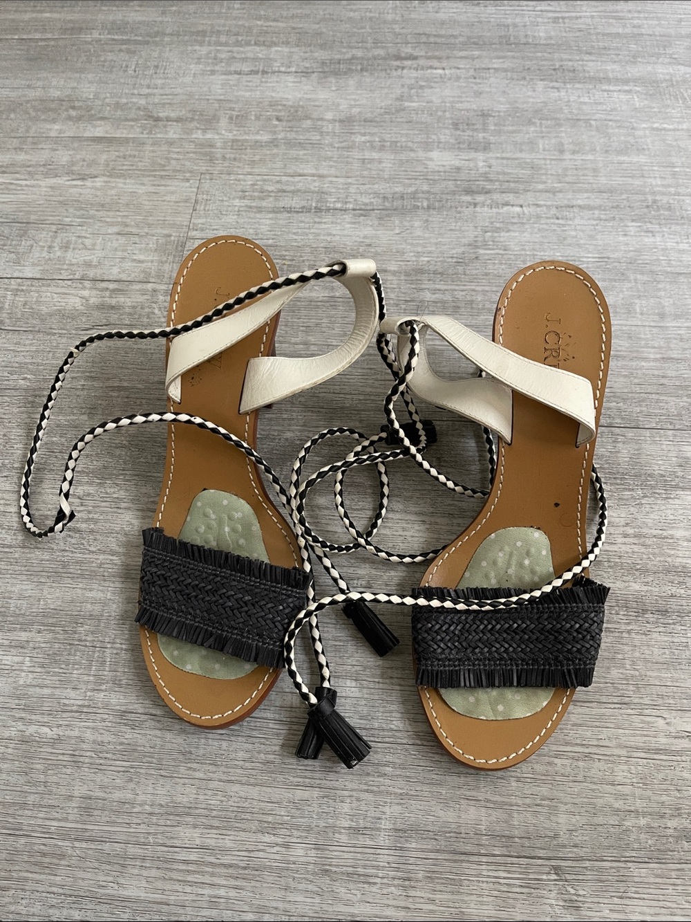 J. Crew Black and Cream Braided Lace-Up Sandals with Tassels